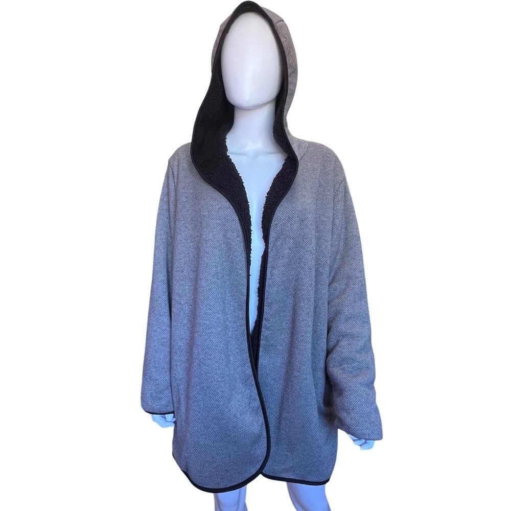 Gray Hooded Open-Front Cardigan by Weatherproof Black Sherpa Lining & Pockets XL